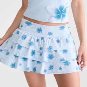 Tropical Floral Knit Ruffle Skort - Blue Haze