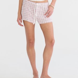 Plaid Low-Rise Linen Shorts - Ethereal White
