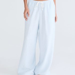 Low-Rise Striped Drawstring Linen Pants - Skylark Blue