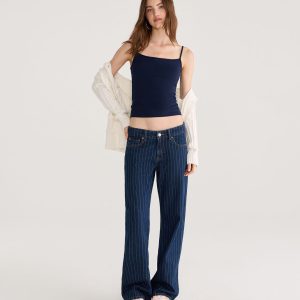 Low-Rise Baggy Wide Leg Pinstripe Jean - Dark Wash