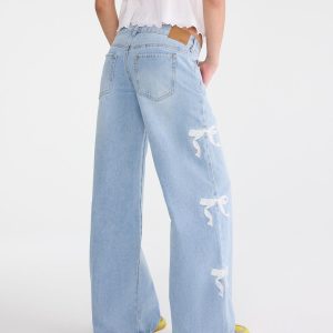 Super Low-Rise Ultra Wide Leg Eyelet Bow Jean - Light Wash