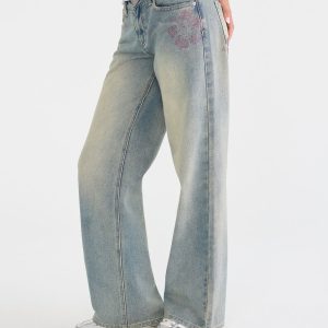 Low-Rise Baggy Wide Leg Rhinestone Flower Jean - Medium Wash