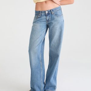 Super Low-Rise Baggy Wide Leg Heart Stitch Jean - Medium Wash